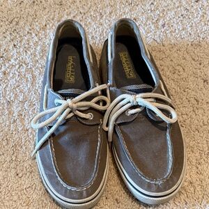 Sperry Dark Brown Canvas Boat Shoes with White Laces